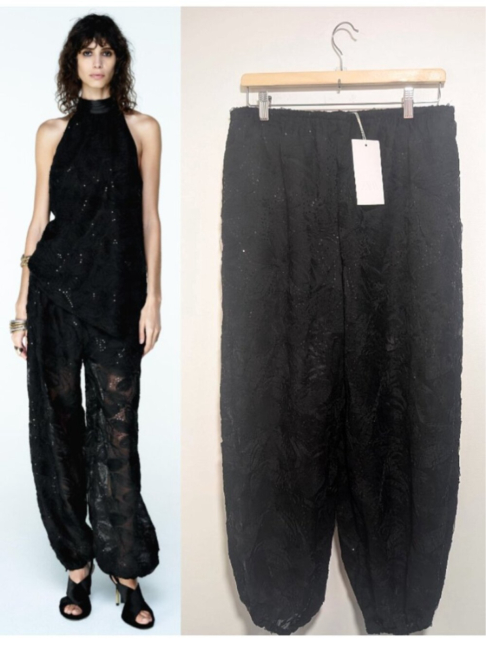 Zara | Sequin Embroidered Barrel Balloon Pants In Black